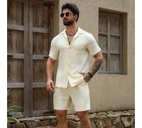 Comodo tessuto in twill fine da uomo, camicia a maniche corte con colletto e tasca singola, pantaloncini con vita elastica e coulisse, pantaloni con design 3D che aggiungono un senso di moda, adatto p