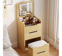 CompactLEDMakeupDeskwithFoldingMirrorNascosteSgabelloCassetti e VetroTopTricolorLEDLightsforBedroomVanitySpaceSavingDressingTable