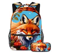 Compagno scolastico essenziale con volpe e fiore, set da 2 pezzi con borsa per libri da viaggio e astuccio, Multicolore, B：29.4x20x40cm P：19x7.5x3.8cm, Zaini Daypack