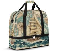 Compass - Borsone da viaggio con barca a vela per donne e uomini, modello vintage, pieghevole, per sport, palestra, fine settimana, pernottamento, borsa da cabina con scomparto per scarpe, Multicolore