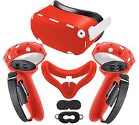 Compatibile con gli accessori Oculus Quest 2 | Allungamento Controller Grip Cover con Apertura Batteria | Copertura VR Shell | Copertura del viso in silicone | Copertura protettiva per lente (rosso)