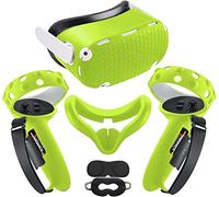 Compatibile con gli accessori Oculus Quest 2 | Allungamento Controller Grip Cover con Apertura Batteria | Copertura VR Shell | Copertura del viso in silicone | Copertura protettiva per lente (verde)