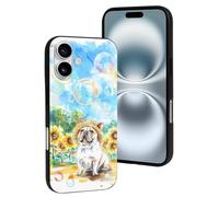 Compatibile con iPhone 16, bulldog francese, girasoli, bolle, resiste ai graffi, custodia per telefono carina compatibile con iPhone 16 custodie per donne e uomini