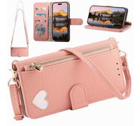 Compatibile con la custodia a tracolla Aquos R8s Pro, Portafoglio magnetico in pelle PU con porta carte, tasca con cerniera e cordino lungo-Rosa