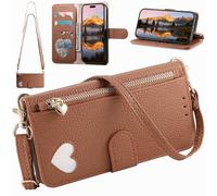 Compatibile con la custodia a tracolla OnePlus Nord 6, Portafoglio magnetico in pelle PU con porta carte, tasca con cerniera e cordino lungo-Marrone