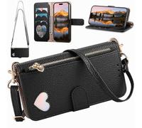 Compatibile con la custodia a tracolla OnePlus Nord CE6 5G, Portafoglio magnetico in pelle PU con porta carte, tasca con cerniera e cordino lungo-Nero