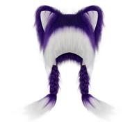 Compatibile con orecchie da casco da moto, gatto, morbido e soffice, con trecce - Simpatico berretto con peluche, paraorecchie invernali, copricapo per cosplay S (viola, taglia unica)