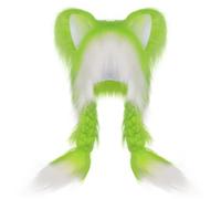 Compatibile con orecchie da casco da moto, gatto, morbido e soffice, con trecce - Simpatico berretto con peluche, paraorecchie invernali, copricapo per cosplay S (verde, taglia unica)