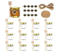 ComPDCVD 12 vasetti da miele in vetro esagonale da 45ml con mestolo in legno, ciondolo a forma di ape, etichette in carta kraft, ciocche di canapa, per bomboniere, fai da te e molto altro ancora