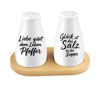 ComPDCVD 2 pezzi Saliera e Pepiera in Porcellana Bianca Sale e Pepe Divertenti Set Regalo di Nozze con supporto in bambù e adesivi per Regali di Nozze per La Cucina in Viaggio Barbecue