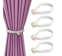 ComPDCVD 4 Pezzi Fermatenda per Tende in Cotone Intrecciato a Mano Ferma Tende Magnetici in Corda Intrecciata a Mano con Fibbia in Legno e Calamita Calamite per Soggiorno in Legno Boho(Beige)