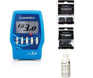Compex Fit 3.0 Elettrostimolatore, Blu + CefarCompex - Elettrodi Performance Snap 5x5 cm Performance Elettrodi a Snap, 5x10 cm, 2 Pezzi 602048 Gel, 250 gr