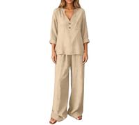 Completa Donna in Cotone e Lino Estiva Leggera Due Pezzi Manica Lunga Camicie + Pantaloni Lino Set Larghi Taglie Forti Completo Tuta Moda Stampato Confortevole da Casa per la Festa della Mamma