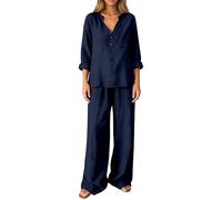 Completa Donna in Cotone e Lino Estiva Leggera Due Pezzi Manica Lunga Camicie + Pantaloni Lino Set Larghi Taglie Forti Completo Tuta Moda Stampato Confortevole da Casa per la Festa della Mamma