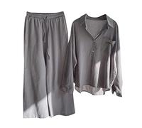 Completa Donna in Cotone e Lino Estiva Leggera Due Pezzi Manica Lunga Camicie + Pantaloni Lino Set Larghi Taglie Forti Completo Tuta Moda Stampato Confortevole da Casa per la Festa della Mamma