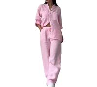 Completi Donna Leggeri in Lino Due Pezzi Tuta Sportiva Elegante Curvy Tute Camicia e Pantalone Lunghi Completo Cotone Estiva da Casa Cotone e Lino Taglie Forti Tute Casual Elastica Oversize