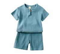 Completi Estivi Bambino Cotone e Lino Coordinato Tuta Estivo Tinta Unita Leggero Set Di Abiti Morbido Comodi T Shirt Manica Corta E Pantaloncini Elegante Traspirante Abbigliamento Da Spiaggia