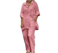 Completi Estivi da Donna 2 Pezzi Camicia a Maniche Lunghe con Bottoni Pantaloni a Gamba Larga con Tasca Completo da Casa in Cotone Tinta Unita Completo Casual Vestibilità Ampia Completo da Ginnastica