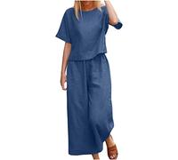 Completi Estivi da Donna Offerte Oggi Tuta da Casa Casual Elegante in Cotone e Lino Tinta Unita Set da 2 Pezzi Sportivo da Donna Ampio e Confortevole a Maniche Corte con Scollo Tondo + Pantaloni