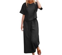 Completi Estivi da Donna Offerte Oggi Tuta da Casa Casual Elegante in Cotone e Lino Tinta Unita Set da 2 Pezzi Sportivo da Donna Ampio e Confortevole a Maniche Corte con Scollo Tondo + Pantaloni