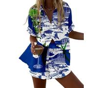Completi Hawaiani donna in 2 pezzi stampe 3D con palme tropicali e rane camicia corta a maniche corte top e pantaloncini con coulisse set estivo da tempo libero vacanza abbigliamento boho da spiaggia