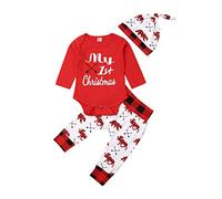 Completini di Natale per Neonato 3 Pezzi Completo Natalizio per Bambini 0-18 Mesi Pagliaccetto a Maniche Lunghe con Lettere Il Mio Primo Natale + Pantaloni Lunghi + Cappello (Rosso, 6-9 Mesi)