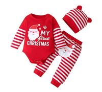Completini di Natale per Neonato 3 Pezzi Completo Pagliaccetto Natalizi con Stampa a Maniche Lunga + Pantaloni con Stampa Natalizi + Fascia o CappelloAbbigliamento per Neonati (0-Red, 6-12 Months)