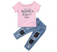 Completino Bimba - T-Shirt e Jeans Pantaloni - Leggings - Strappati - Rete - Completo - Idea Regalo - I'm My Brother's Biggest Fan - Bambina - Colore Rosa - Taglia 80-0-12 Mesi