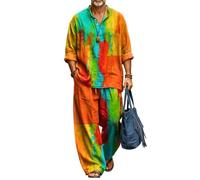 Completo 2 pezzi Uomo Camicia collo dritto stampa 3D pantalone gamba larga