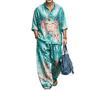 Completo 2 pezzi Uomo Camicia collo dritto stampa 3D pantalone gamba larga