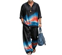 Completo 2 pezzi Uomo Camicia collo dritto stampa 3D pantalone gamba larga