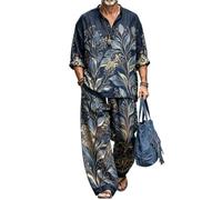 Completo 2 pezzi Uomo Camicia collo dritto stampa 3D pantalone gamba larga