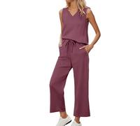 Completo a due pezzi per le donne, gilet senza maniche con scollo a V Casul top allentato coulisse pantaloni a vita alta con tasche set completo resort aeroporto viaggi loungewear abiti abbigliamento