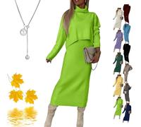 Completo Abito Midi e Maglione a Collo Alto Commencu, Abito Maglione a Collo Alto da Donna, Maniche Lunghe a Coste, Caldo e Accogliente(Light Green,M)