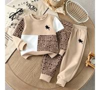 Completo autunnale per bambino con felpa ampia e pantaloni, stampa geometrica a labirinto e cavallo, color block, casual, maniche lunghe, maglioni per il ritorno a scuola 6-9M,9-12M,12-18M,18-24M,2-3Y