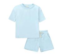 Completo Bambino Set 2 Pezzi in Lino Cotone Tuta Sportiva con Tasche Pantaloncini e Basic T Shirt Completo Bambini Estivi Tuta Casual Tinta Unita Loose Fit per Ragazzi e (a2-Light Blue, 4-5 Years)