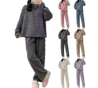 Completo caldo per il tempo libero in pile da donna, set di indumenti da notte in pile di flanella, pigiama termico da donna in flanella, completo pigiama, maglione e pantaloni in peluche (L,Grau)