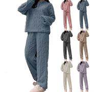 Completo caldo per il tempo libero in pile da donna, set di indumenti da notte in pile di flanella, pigiama termico da donna in flanella, completo pigiama, maglione e pantaloni in peluche (L,Blau)