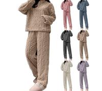 Completo caldo per il tempo libero in pile da donna, set di indumenti da notte in pile di flanella, pigiama termico da donna in flanella, completo pigiama, maglione e pantaloni in peluche (XL,Khaki)