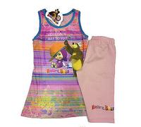 Completo canotta + leggings rosa MASHA E ORSO in cotone rosa bordato azzurro