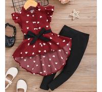 Completo Casual Confortevole A Blocchi Di Colore 2 Pezzi Con Camicia A Cuore Stampato E Pantaloni Corti Avanti E Lunghi Dietro Per Ragazza Giovane 6Y,7Y,8Y,9Y,4Y,5Y,3-4YGeometrico,Cuore,PoisTessuto in