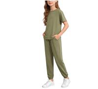 Completo Casual da Bambina, alla Moda, Tinta Unita, Composto da Top a Maniche Corte e Pantaloncini, Due Pezzi per Giocare, Comodo per L'Estate e per Tutti i Giorni. (Army Green, 7-8Years)