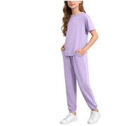 Completo Casual da Bambina, alla Moda, Tinta Unita, Composto da Top a Maniche Corte e Pantaloncini, Due Pezzi per Giocare, Comodo per L'Estate e per Tutti i Giorni. (Light Purple, 13-14Years)