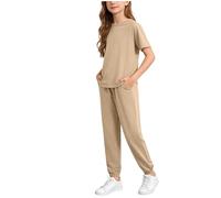 Completo Casual da Bambina, alla Moda, Tinta Unita, Composto da Top a Maniche Corte e Pantaloncini, Due Pezzi per Giocare, Comodo per L'Estate e per Tutti i Giorni. (Khaki, 11-12Years)