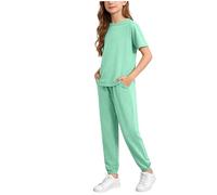 Completo Casual da Bambina, alla Moda, Tinta Unita, Composto da Top a Maniche Corte e Pantaloncini, Due Pezzi per Giocare, Comodo per L'Estate e per Tutti i Giorni. (Mint Green, 6-7Years)