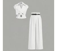 Completo casual da donna, adatto per l'ufficio e gli spostamenti, composto da un gilet semplice a tinta unita con design doppiopetto e pantaloni a vita alta a gamba ampia, adatto per primavera, estate