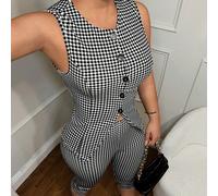 Completo casual da donna composto da gilet monopetto a quadri bianco e nero e pantaloni 3/4, set estivo da donna per l'ufficio, stile old money, adatto per insegnanti, pantaloni capri da donna, comple