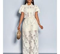 Completo casual da donna con camicia a maniche corte con bottoni davanti ed eleganti pantaloni a zampa d'elefante, con stampa floreale per primavera/estate, adatto per uscite e vacanze L,M,S,XLPianteT