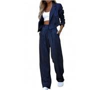 Completo casual da donna, giacca corta e pantaloni, 2 pezzi, elegante set da smoking da lavoro gessato, Blu, S