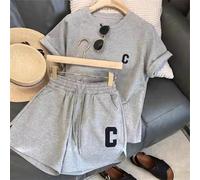 Completo casual da donna in due pezzi, con maglietta a maniche corte e pantaloncini sportivi con stampa lettera, adatto per la stagione calda (M grigio)